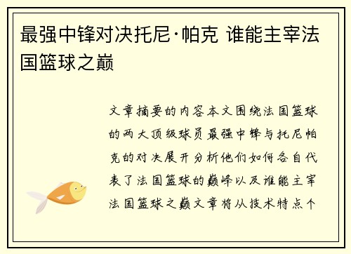 最强中锋对决托尼·帕克 谁能主宰法国篮球之巅